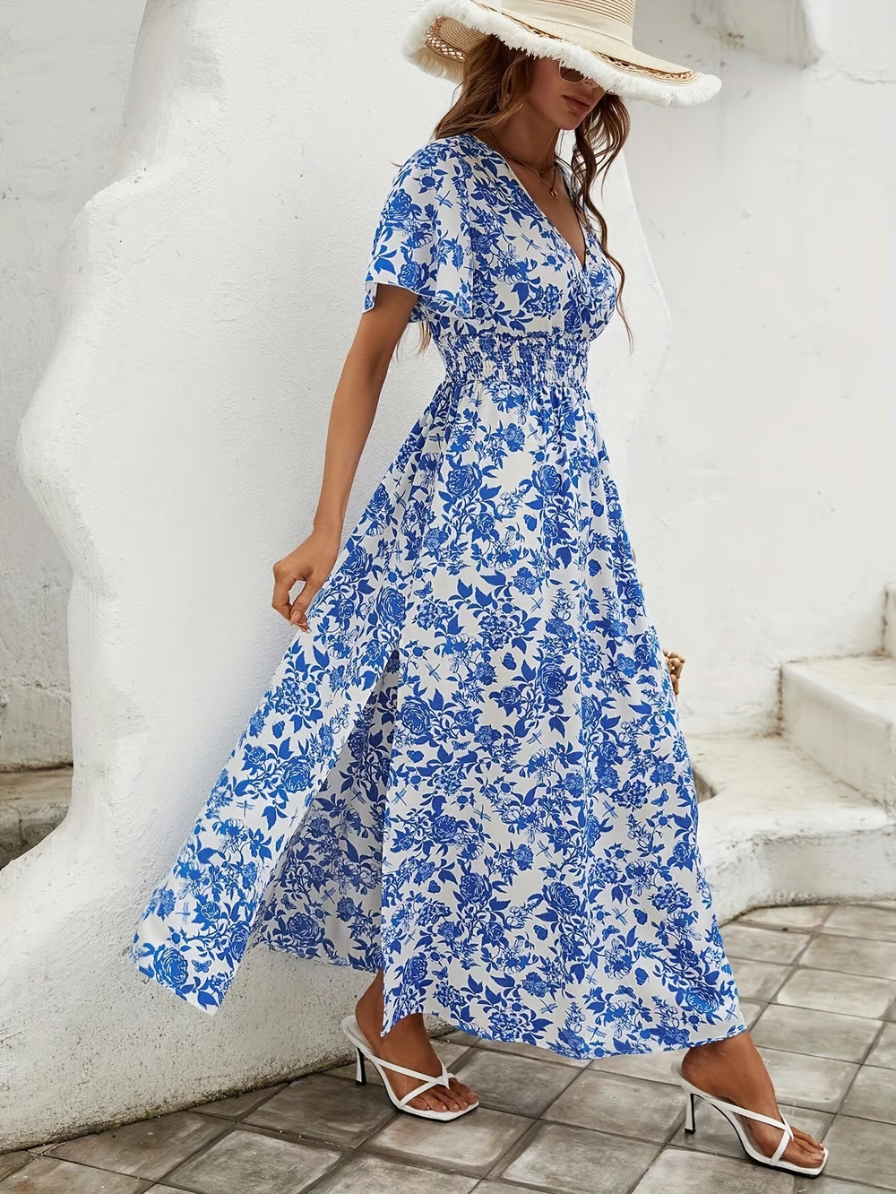 Waverly - Vogue Bohemian V-Neck Blue Beach Dress for a Relaxed Summer Look