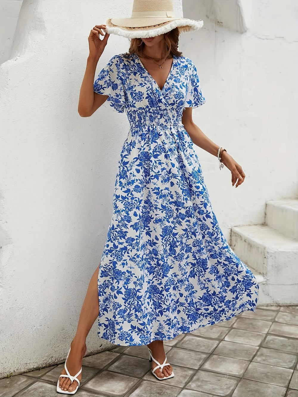 Waverly - Vogue Bohemian V-Neck Blue Beach Dress for a Relaxed Summer Look