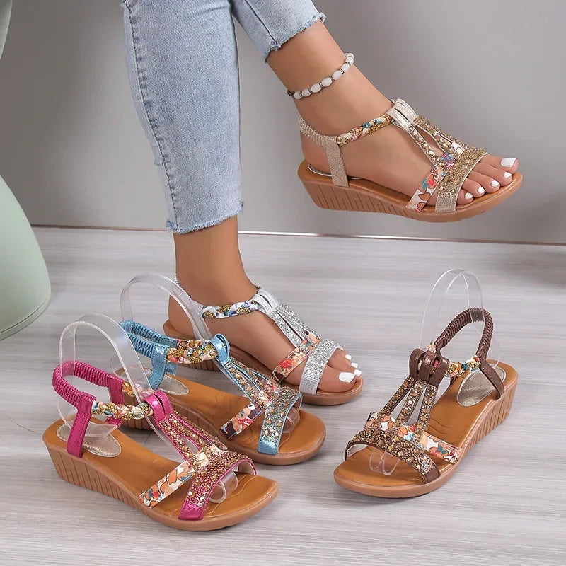 Elena - Floral Beaded T-Strap Sandals