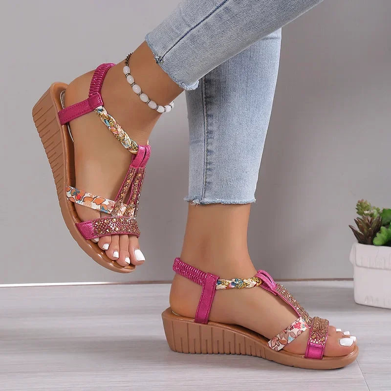 Elena - Floral Beaded T-Strap Sandals
