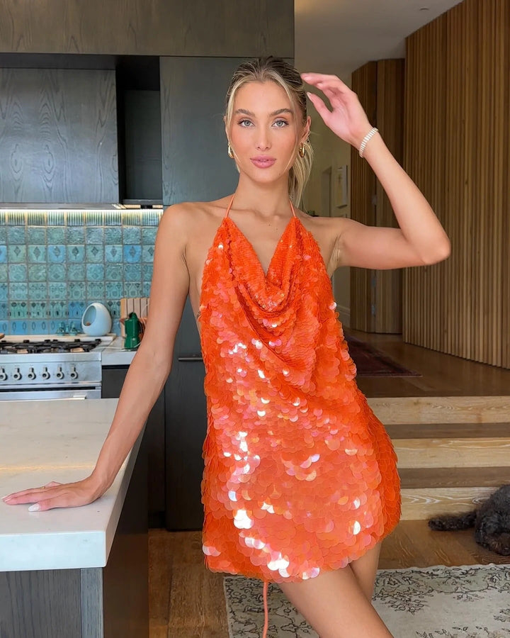 Oraliaen - Halter Neck Sequin Backless Mini Dress