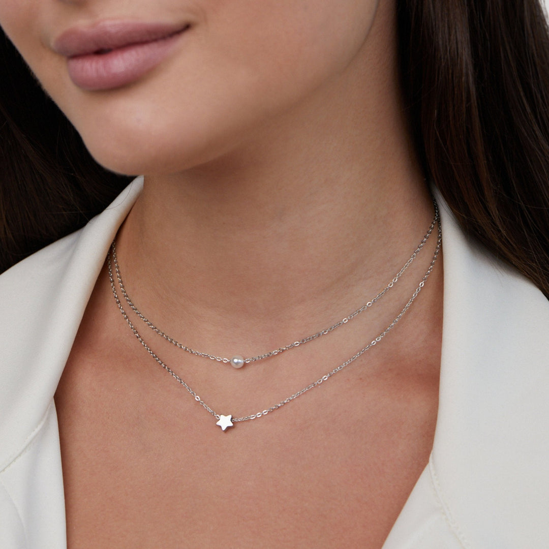 Layered silver star & pearl necklace