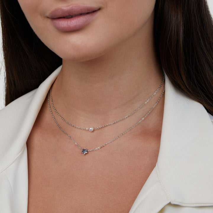 Layered silver star & pearl necklace