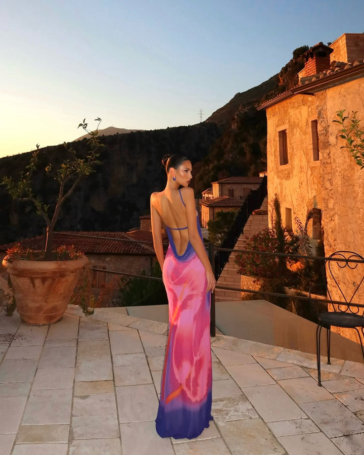 Ysolannaea - Slim Backless Printed Maxi Dress