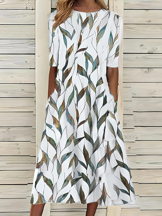 Prya - Midi summer dress with coastal flowers and round neck