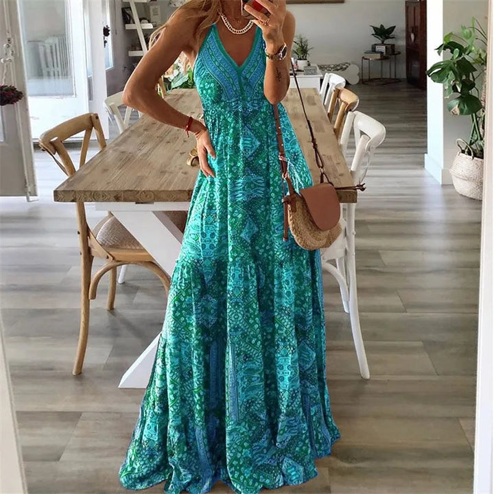 Alarisse - Charming Boho Maxi Dress with Spaghetti Straps and V-Neck