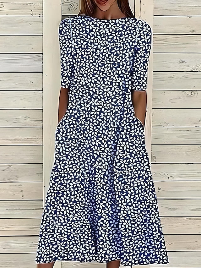 Prya - Midi summer dress with coastal flowers and round neck